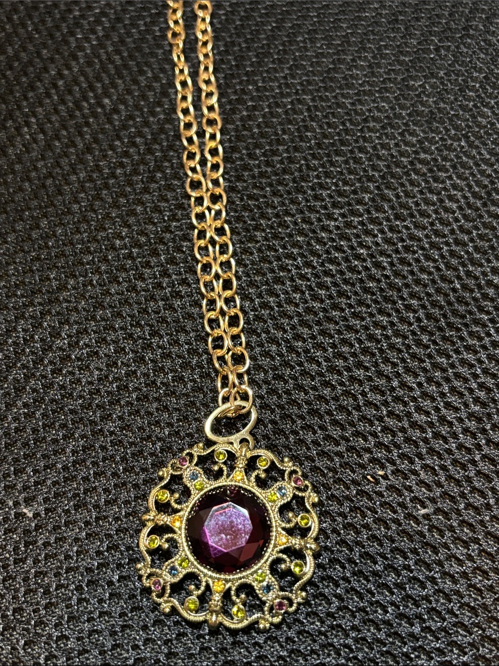 Gold-Tone Pendant Necklace with Purple Gemstone